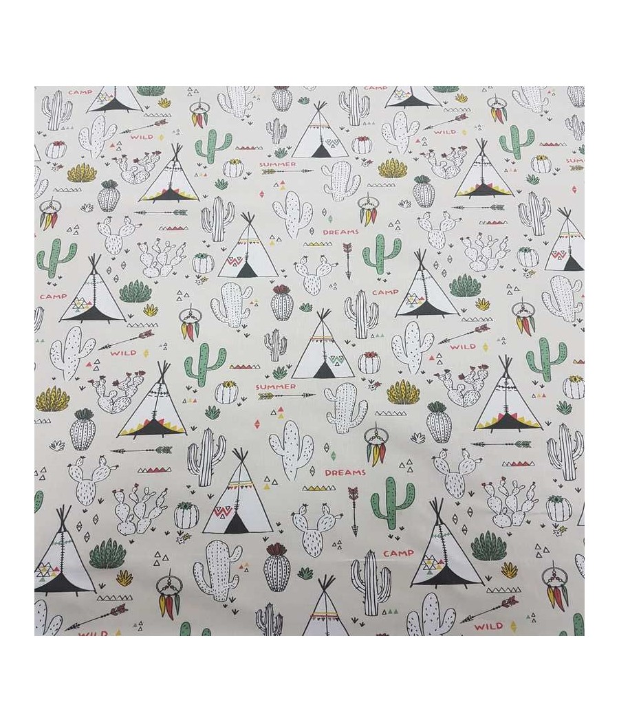 Tissu cretonne - tipis cactus - coton Oekotex - écru