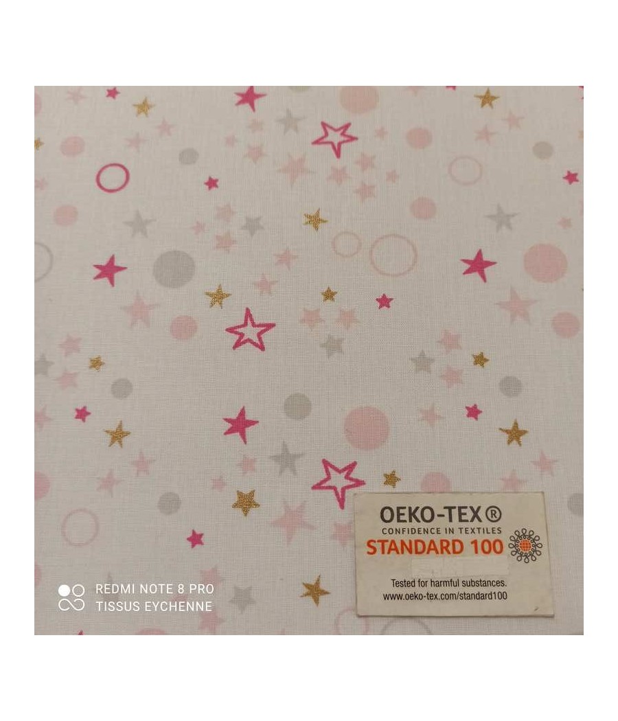 Tissu cretonne - étoile rose et dorée - Oekotex
