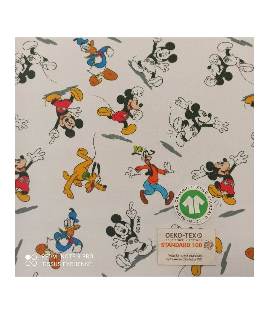 Tissu popeline de coton Bio + Oeko-tex Mickey-Dingo-Pluto-Donald