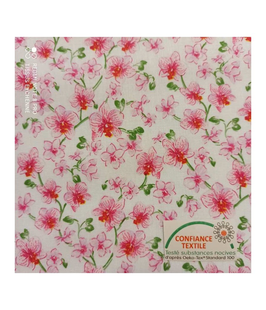 Tissu coton fleur d' Orchidée blanc-rose Oeko-tex