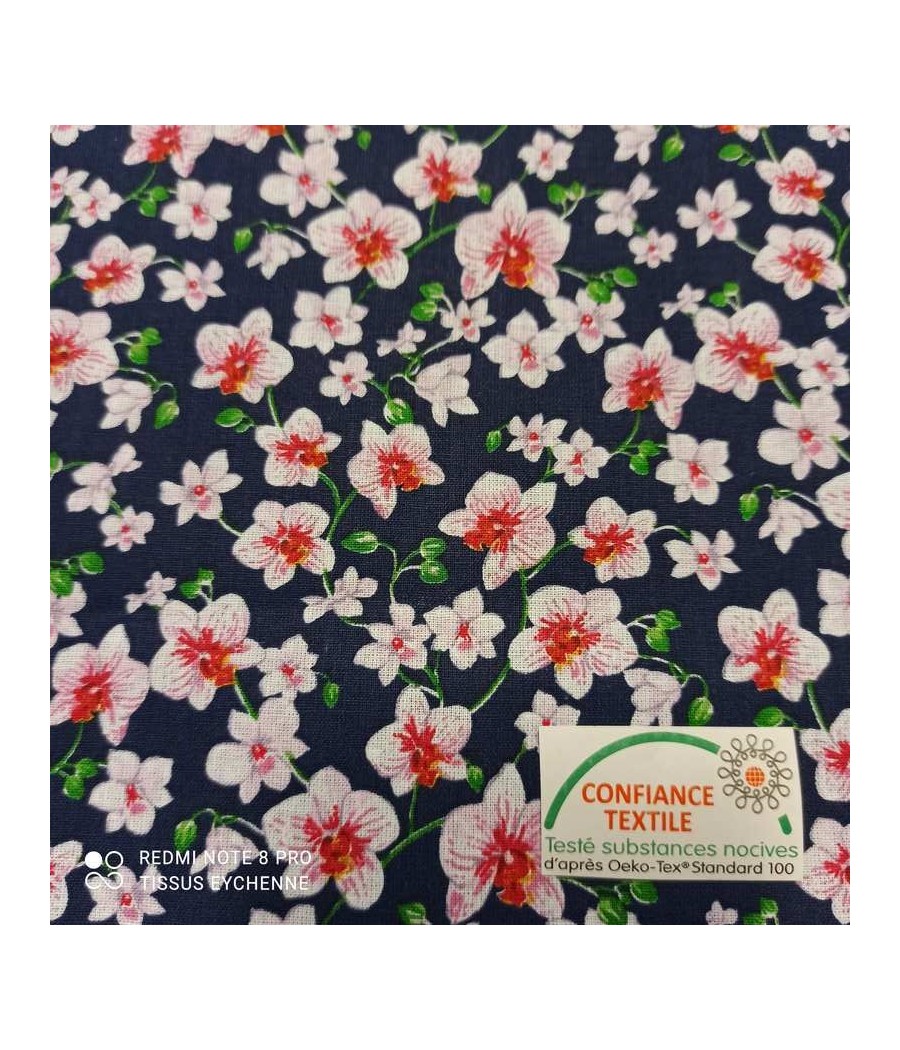 Tissu coton fleur d' Orchidée marine-rose Oeko-tex