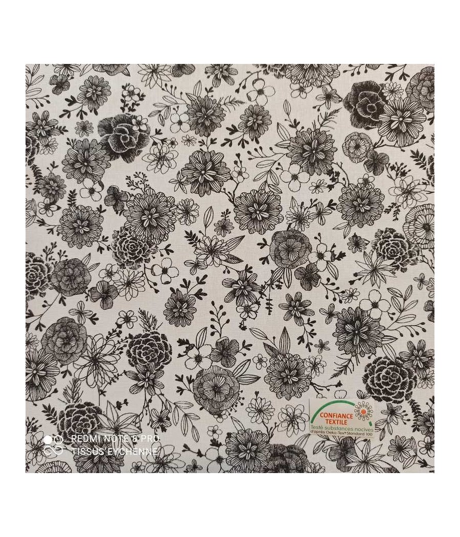 Tissu coton Floral blanc-noir oeko-tex