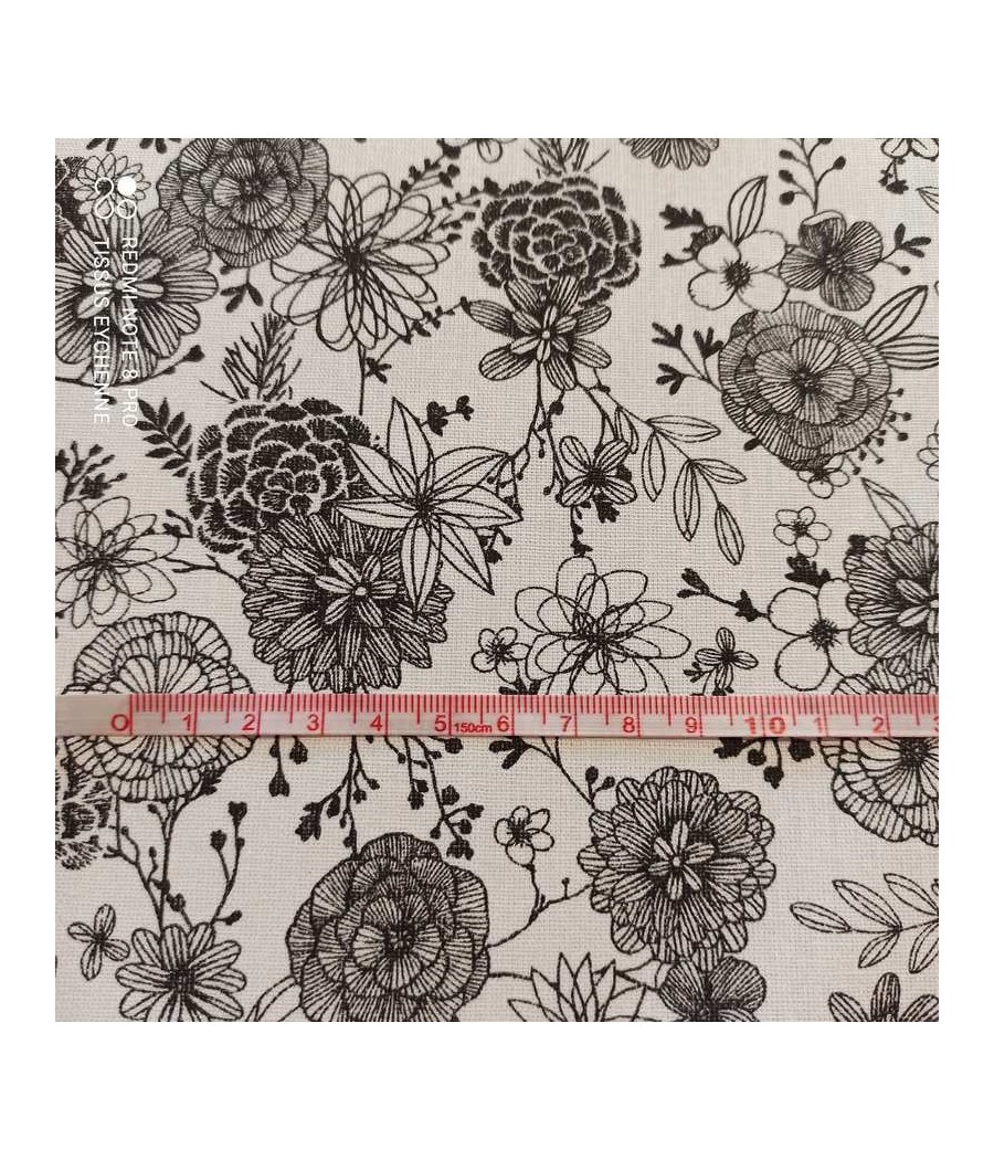Tissu coton Floral blanc-noir