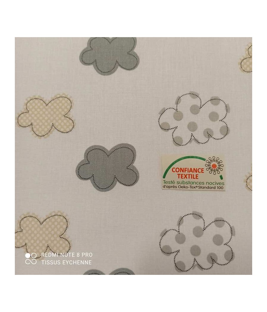 Tissu coton blanc - nuages gris - Oekotex