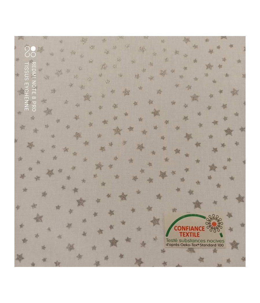 Tissu coton blanc - étoiles argents - Oekotex