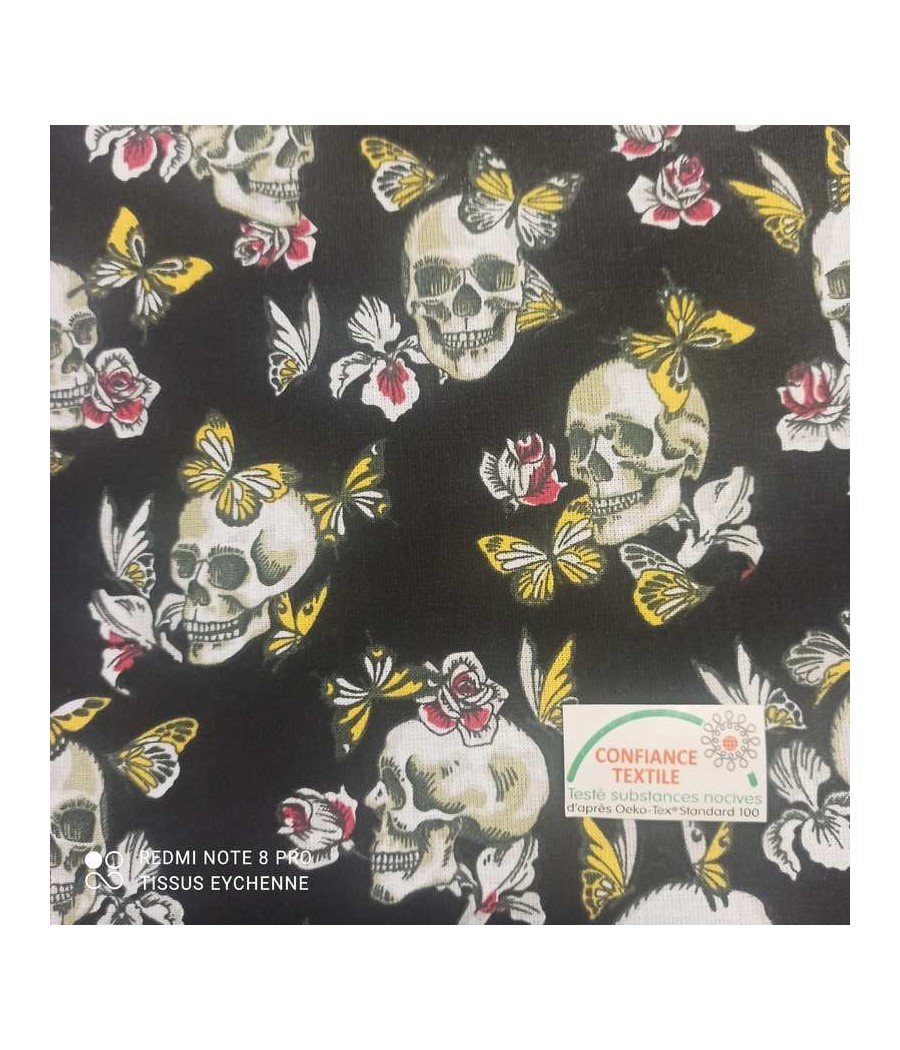 Tissu coton Tête de mort-Papillon noir oeko-tex