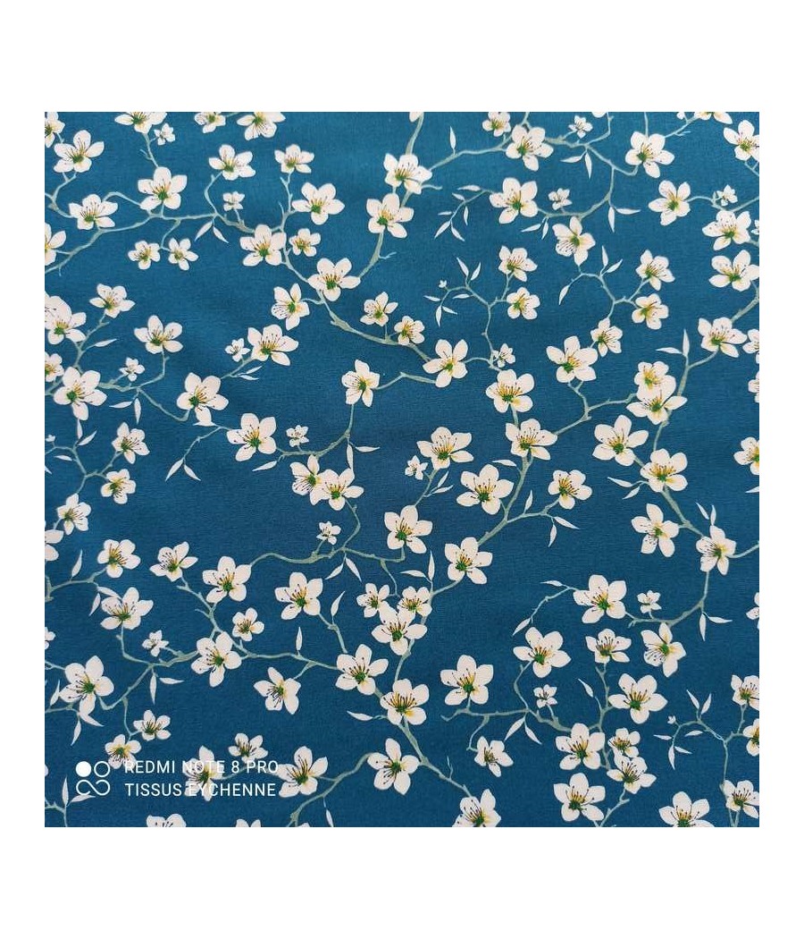 Tissu coton - fleur Amandier - Oekotex - bleu