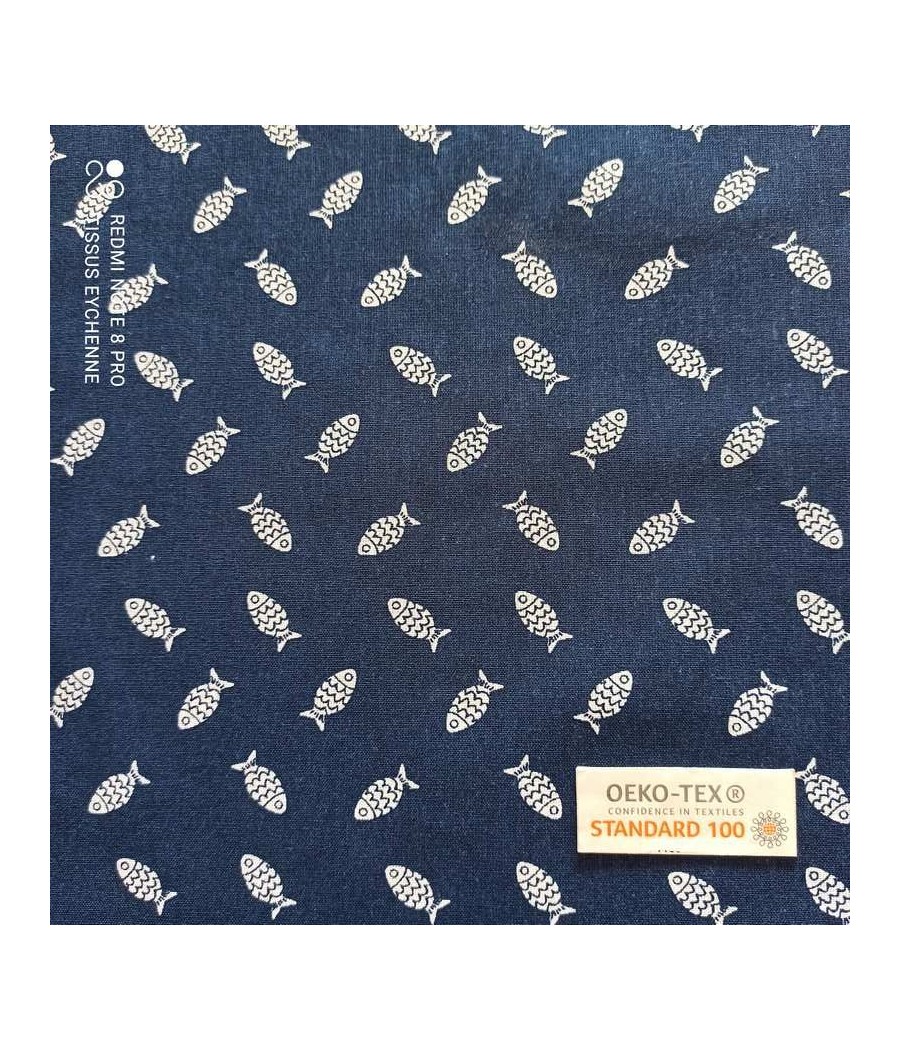 Tissu coton petit Poisson Oeko-tex marine