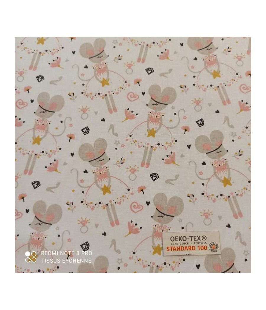 Tissu cretonne - Princesse Souris - Oekotex - Blanc