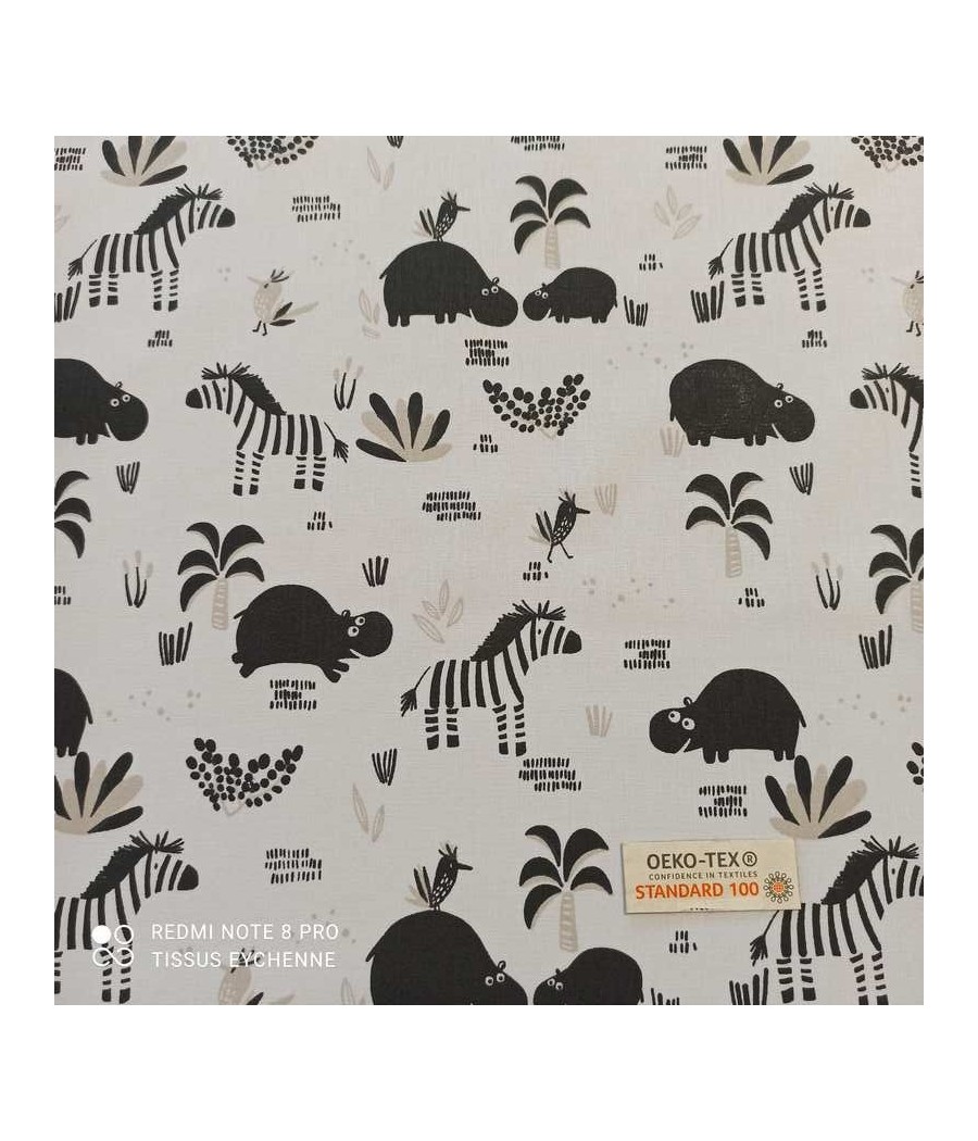 Tissu coton Hippo-Zèbre Oeko-tex blanc-noir