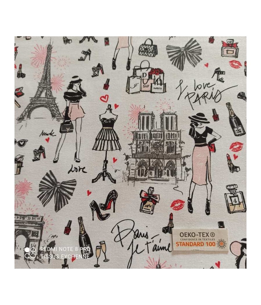 Tissu cretonne - j'aime Paris - coton Oekotex - blanc rose