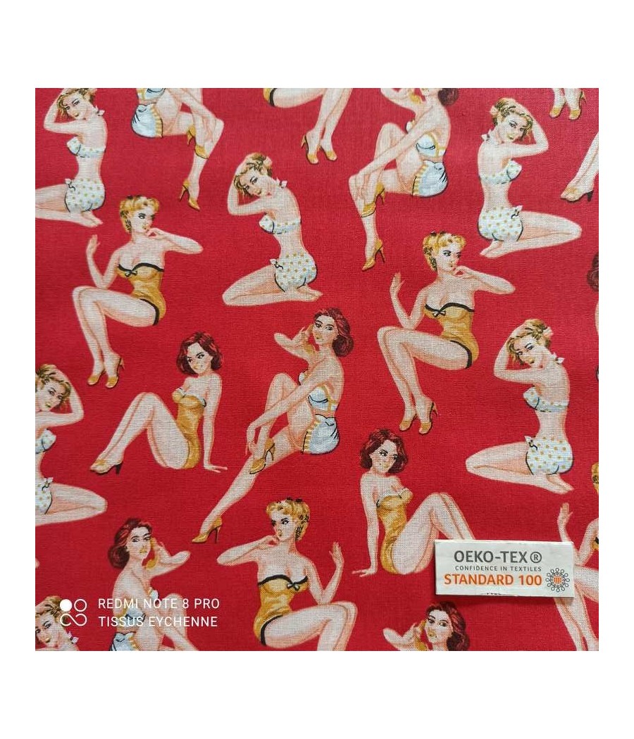 Tissu coton Pin up - Oeko-tex rouge