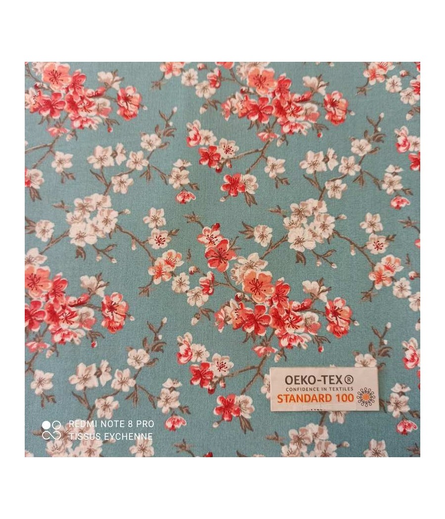 Tissu coton petite fleur - largeur 2m80 - Oekotex - bleu