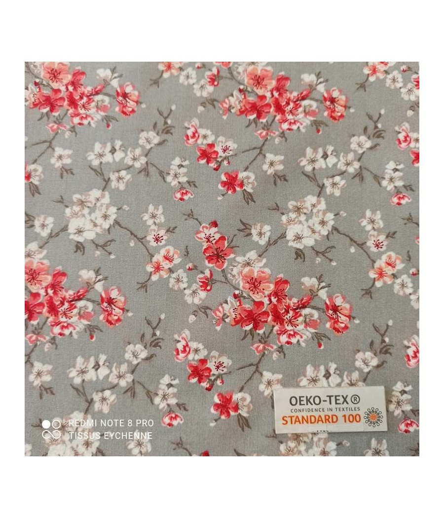 Tissu coton petite fleur - largeur 2m80 - Oekotex - gris