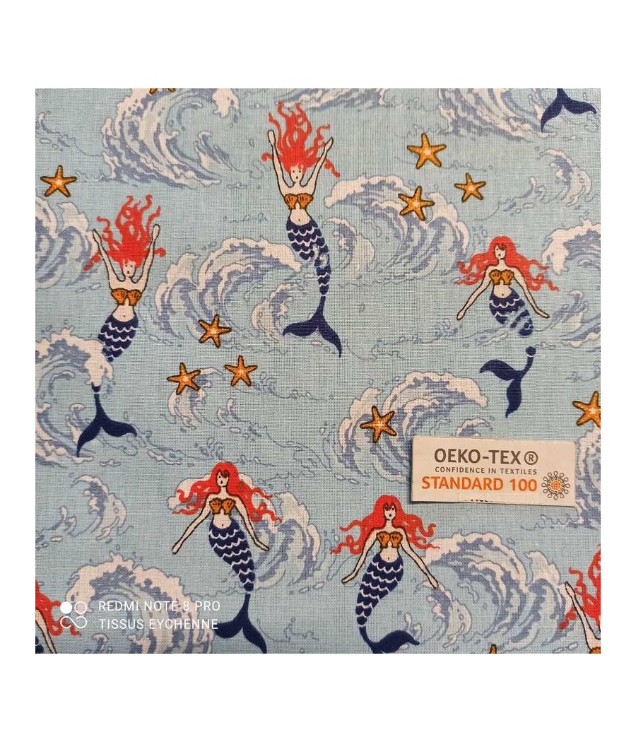 Tissu Coton - Sirènes - oekotex - Bleu