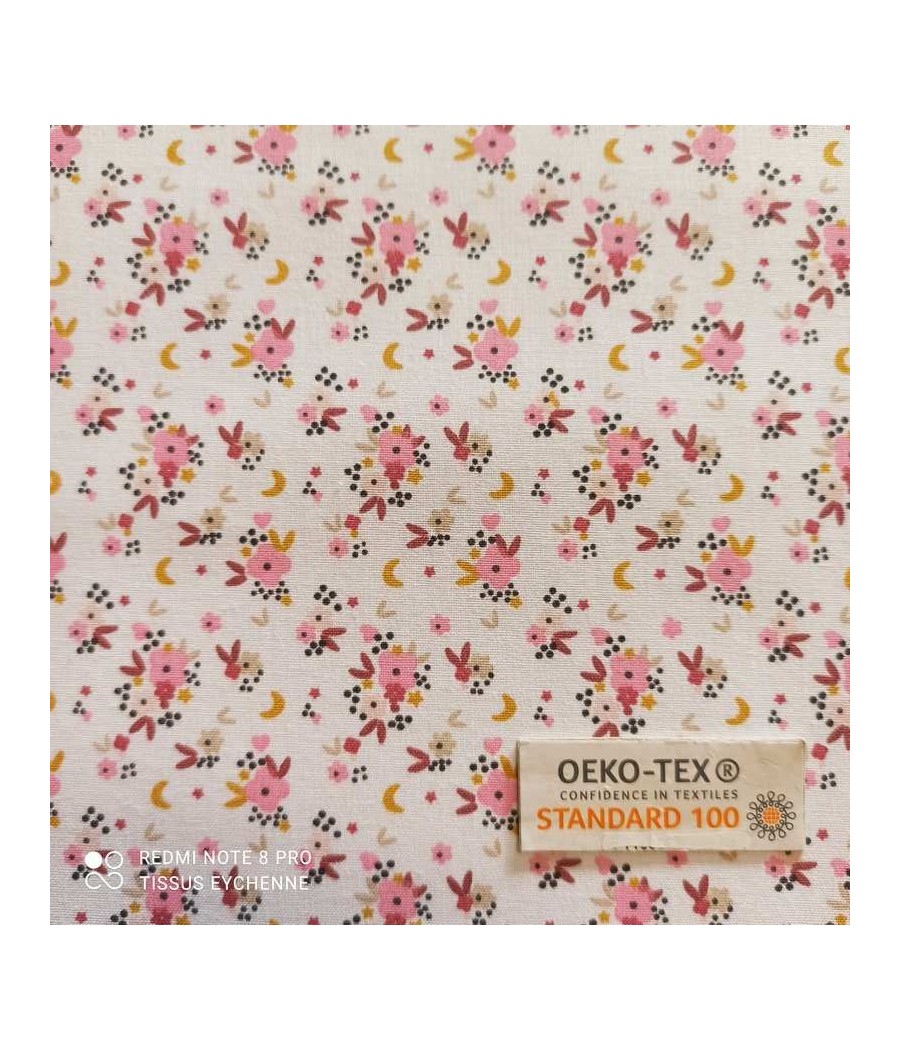 Tissu coton - petite Fleurs Louise - Oekotex - blanc/rose