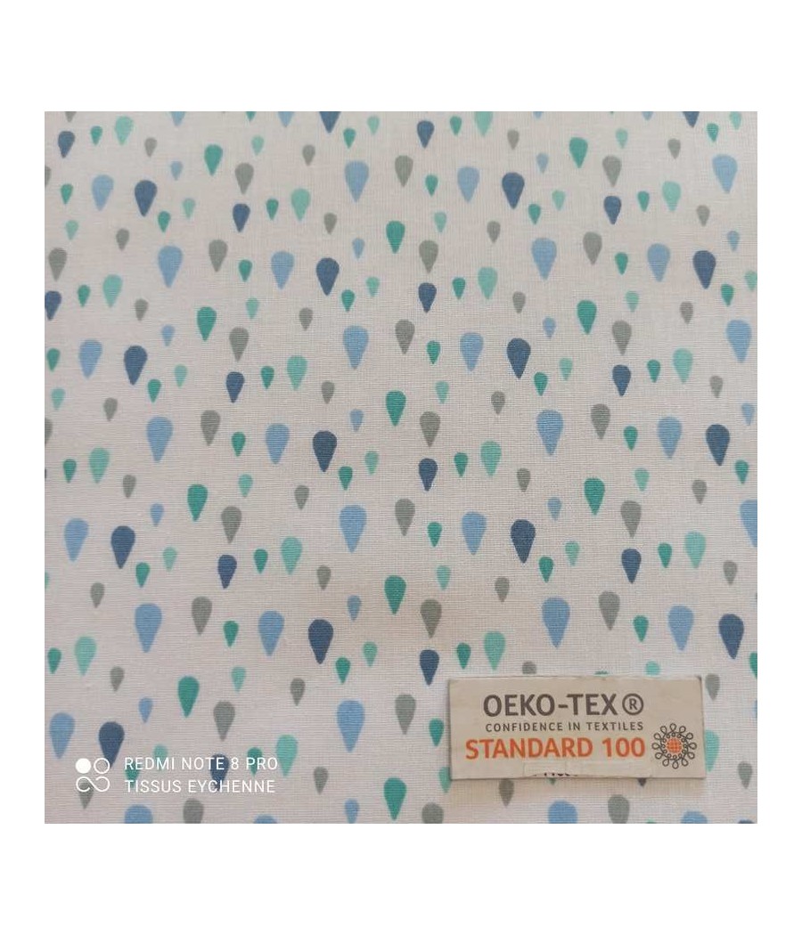 Tissu coton - Gouttes de pluies - Oekotex - blanc/bleu