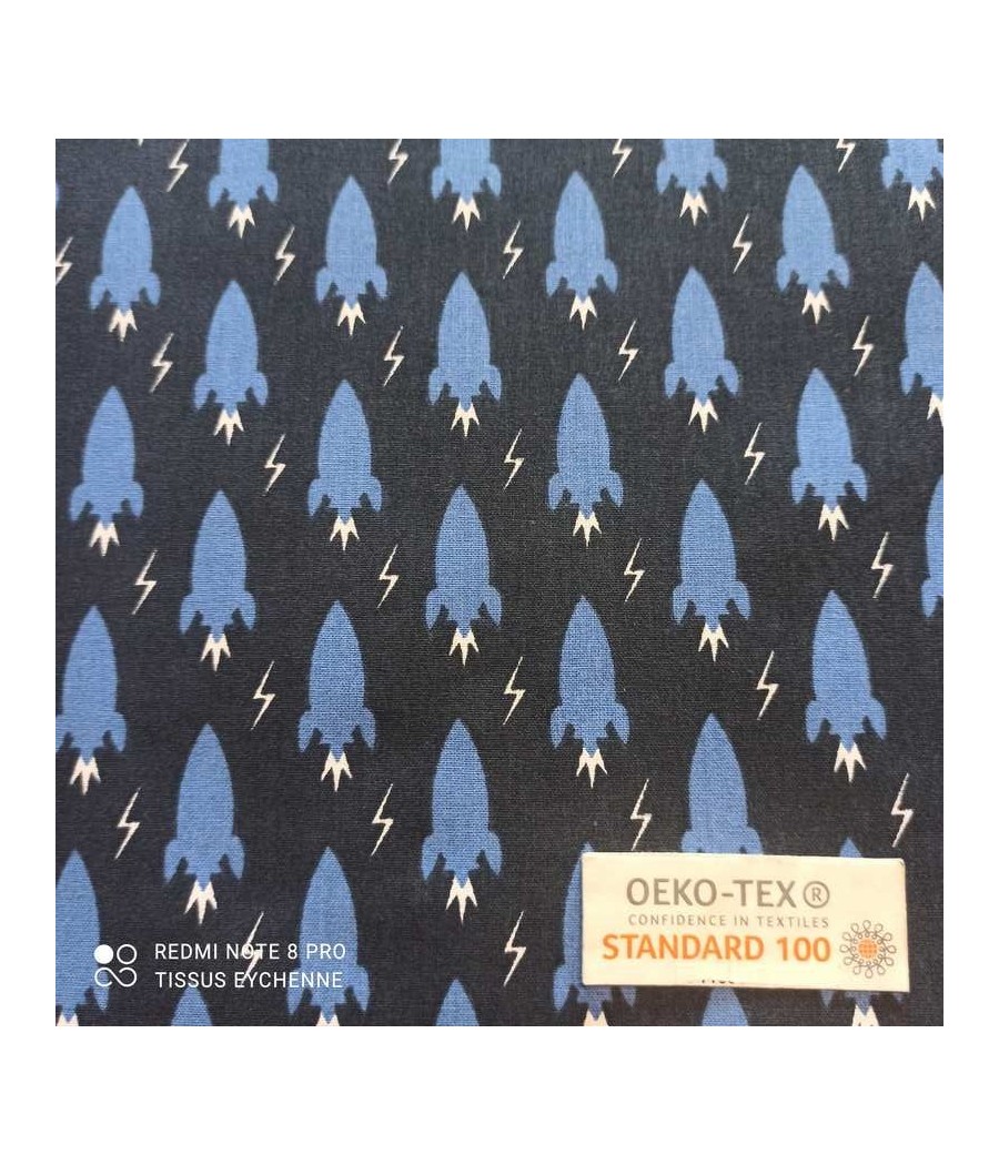 Tissu cretonne - mini fusée  - Coton Oekotex - bleu