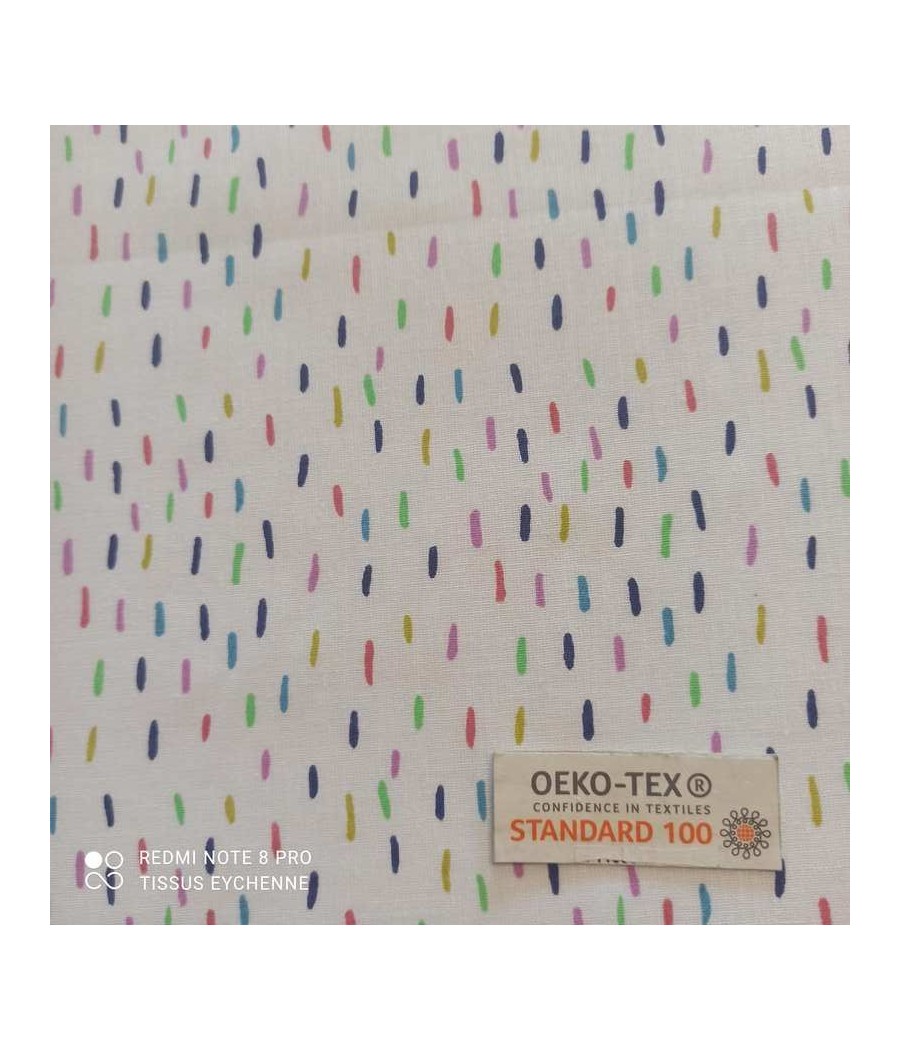 Tissu coton - petits traits pointillés - Oekotex - blanc/multicolore
