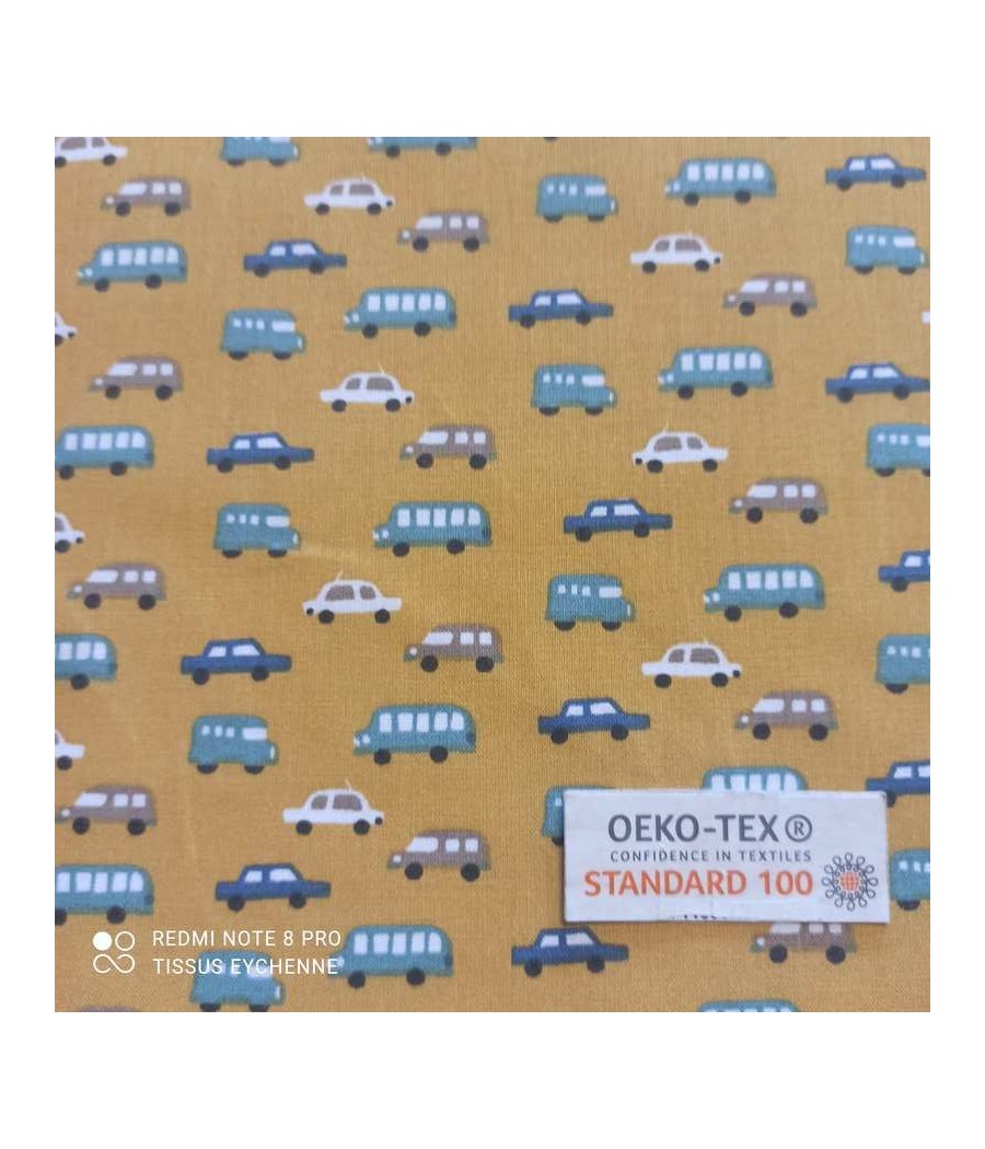 Tissu cretonne - mini voiture - coton Oekotex - moutarde