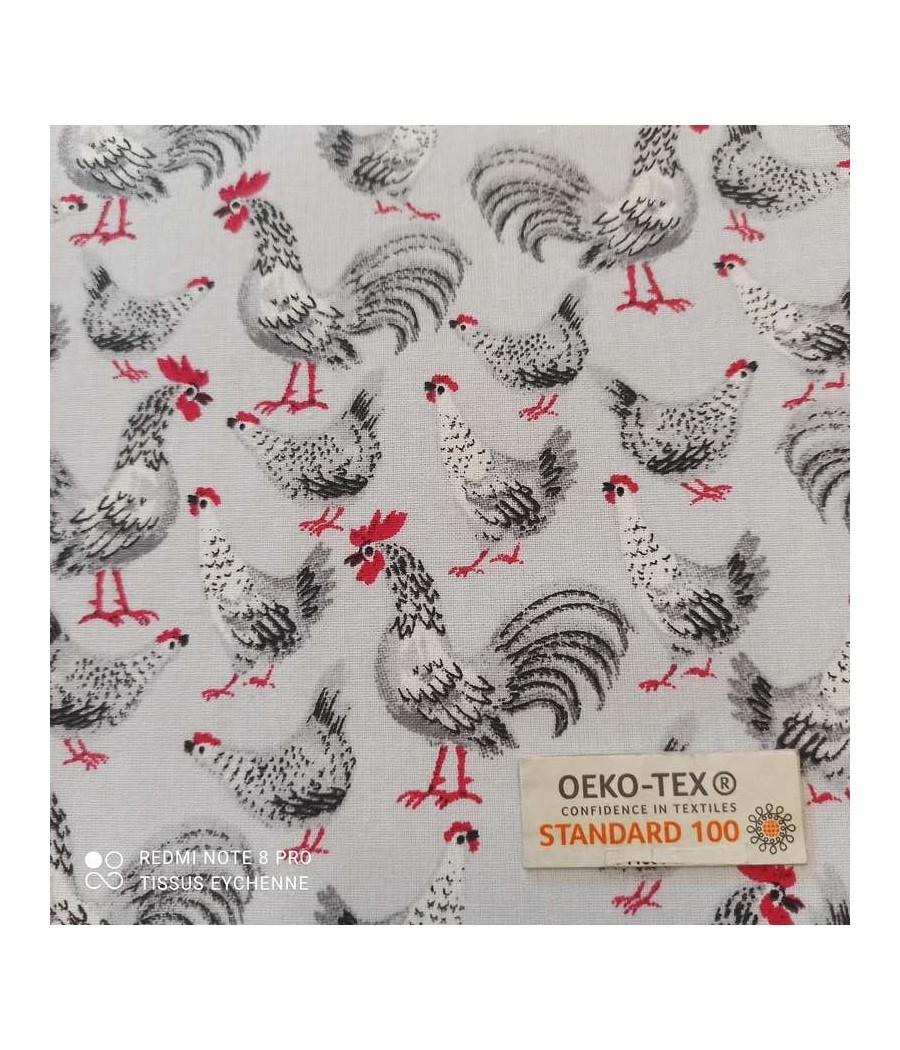 Tissu cretonne - Poulettes - coton Oekotex - gris clair