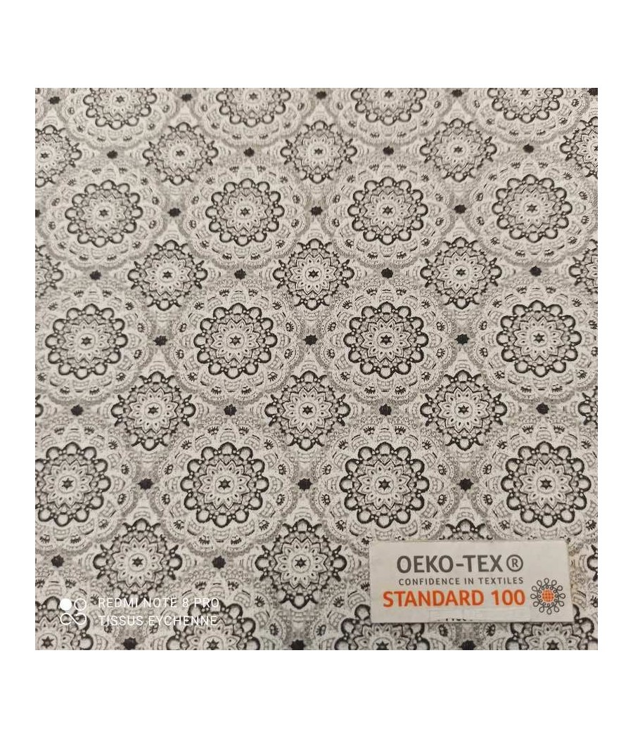 Tissu cretonne - petite Rosace Perla - coton Oekotex - gris