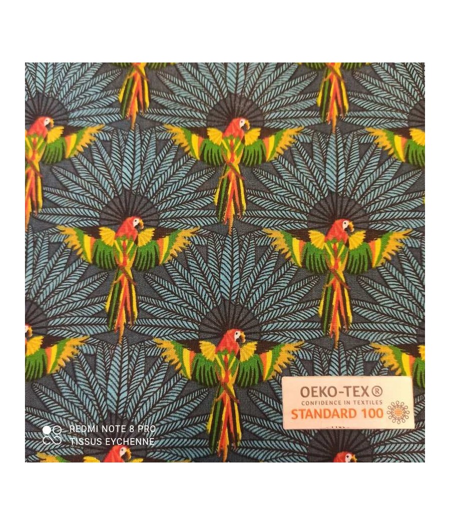 Tissu cretonne - Perroquet - coton Oekotex - bleu