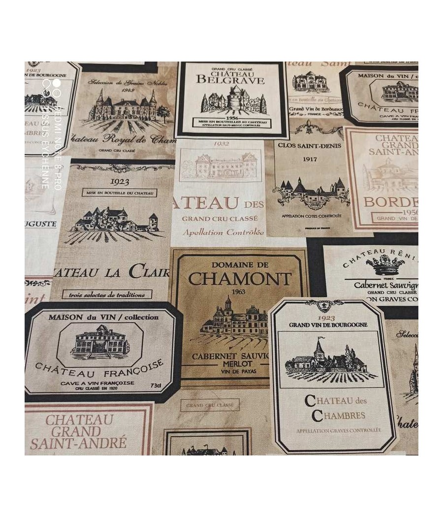 Tissu coton demi natté - Etiquettes de vin - col. crème