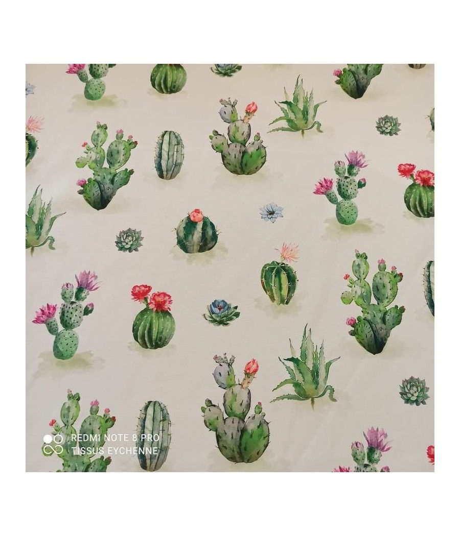 Tissu polyester demi natté - petits cactus - blanc/vert