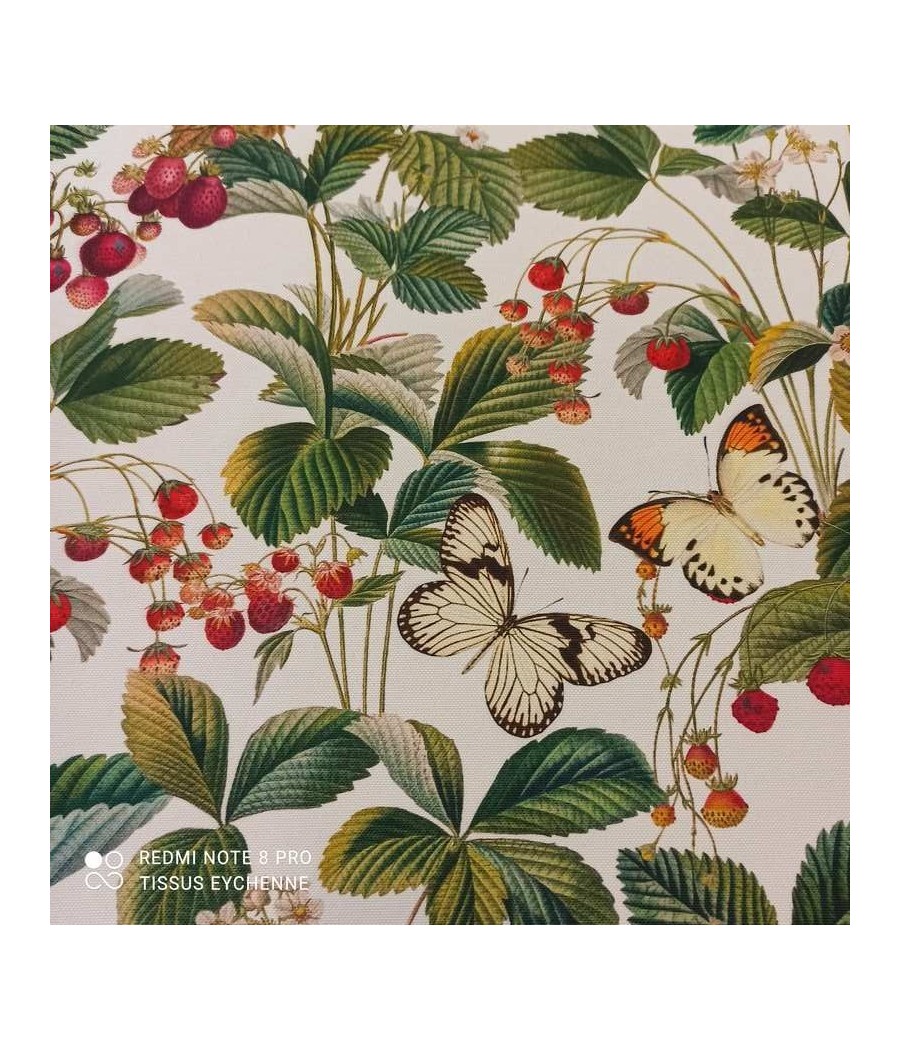 Tissu polyester demi natté - Fraise et Papillon - blanc/vert