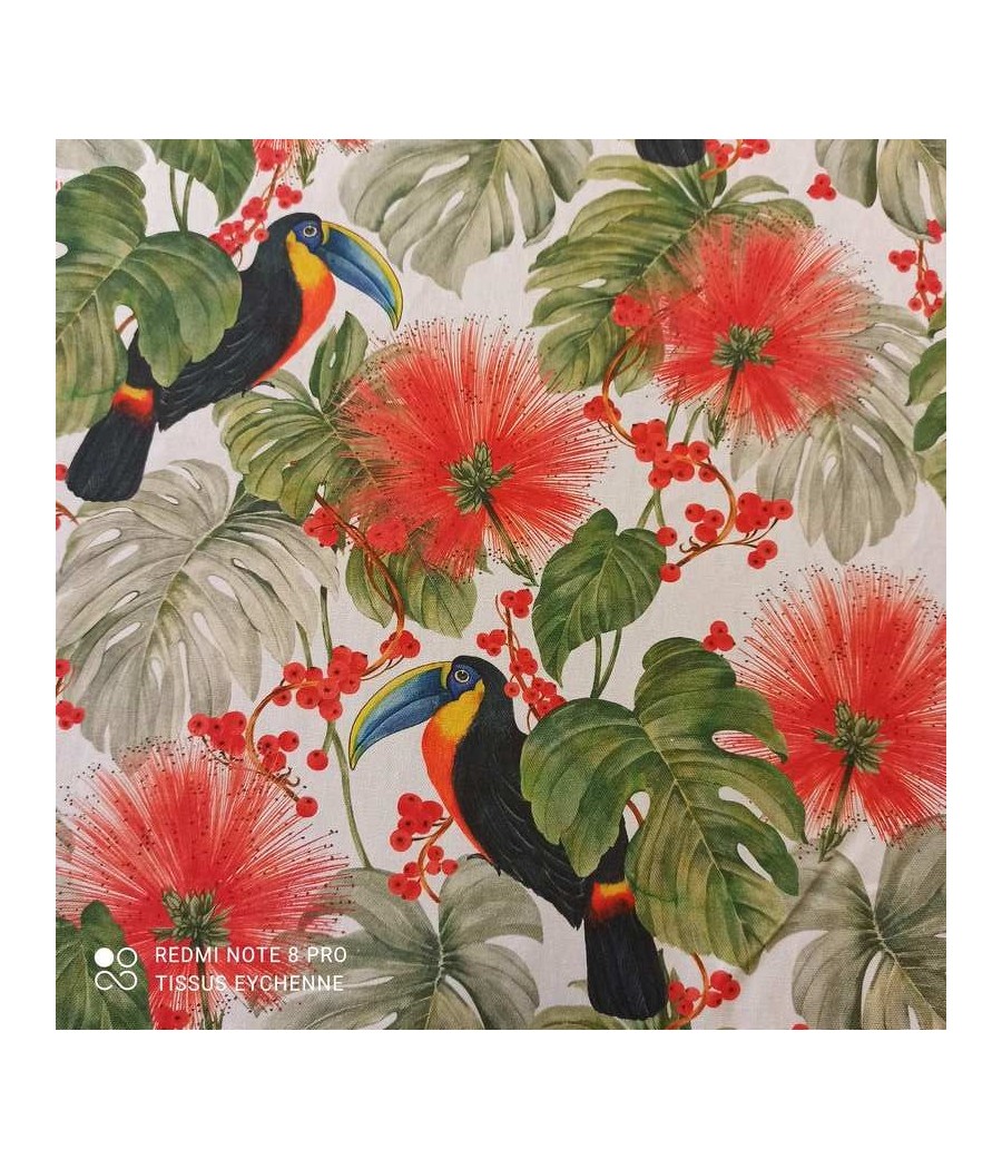 Tissu coton demi natté - Toucan - blanc/corail