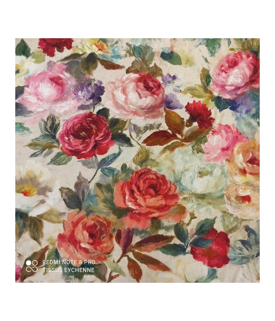 Tissu coton demi natté - Fleur - style anglais - crème et rose