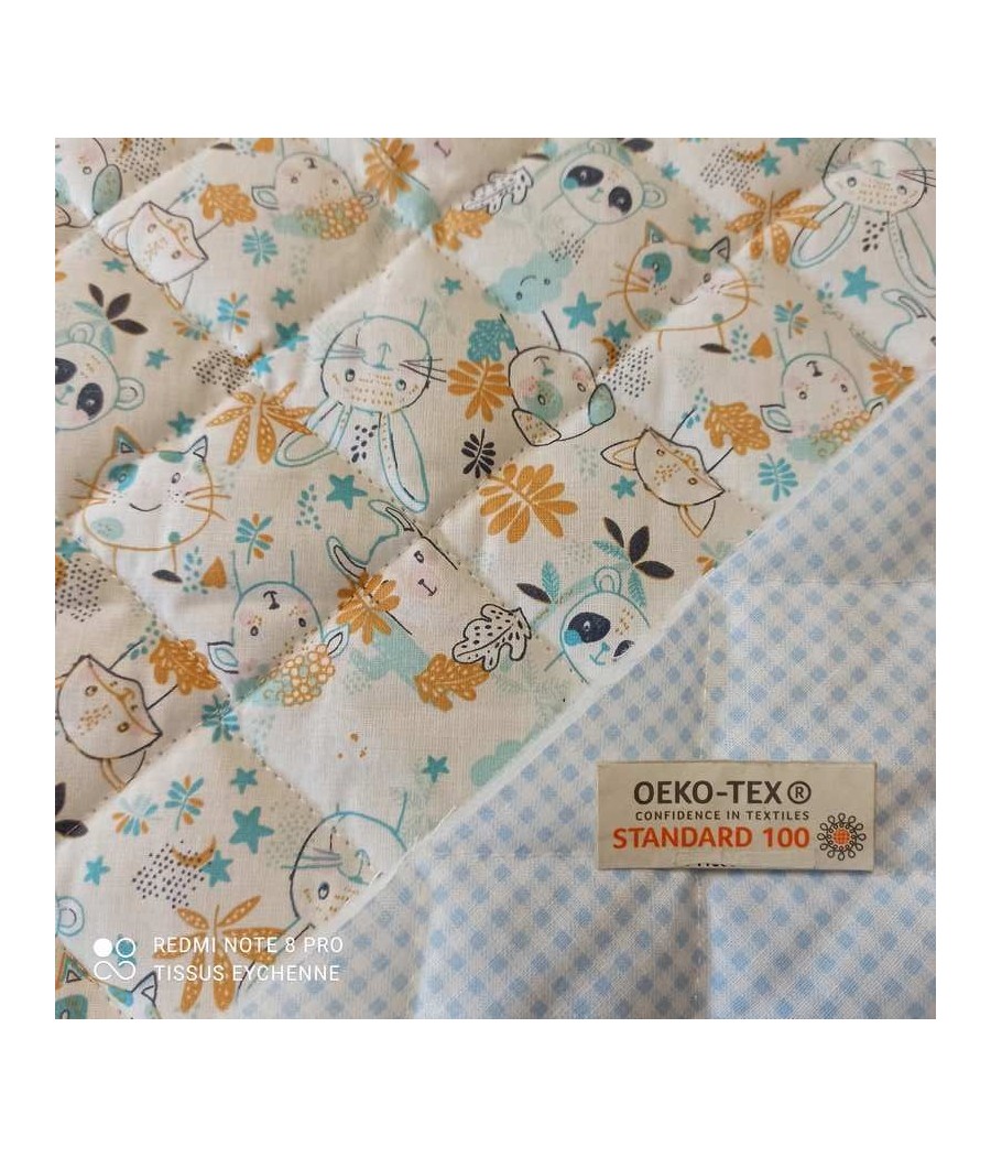 Tissu Matelassé double face - chat-lapin-mouton/Vichy - Oekotex - Blanc/turquoise