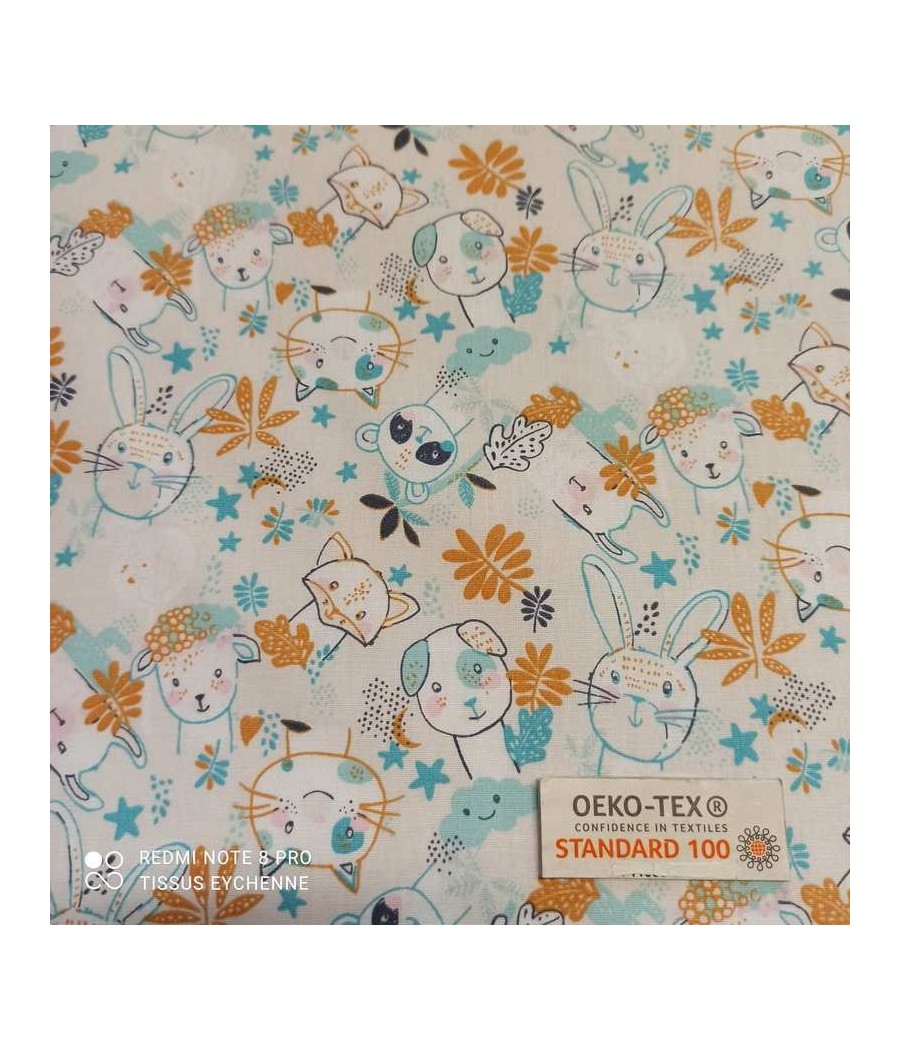 Tissu coton - chat lapin mouton - Oekotex - turquoise