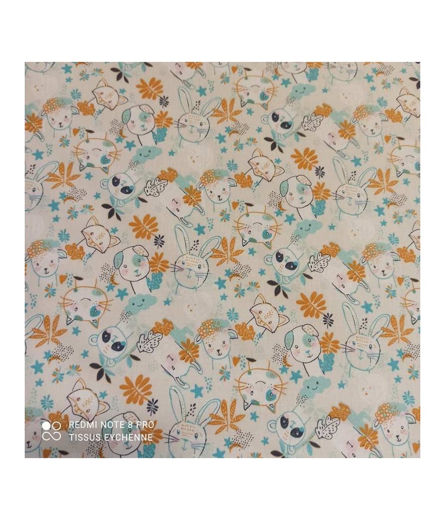 Tissu coton - chat lapin...