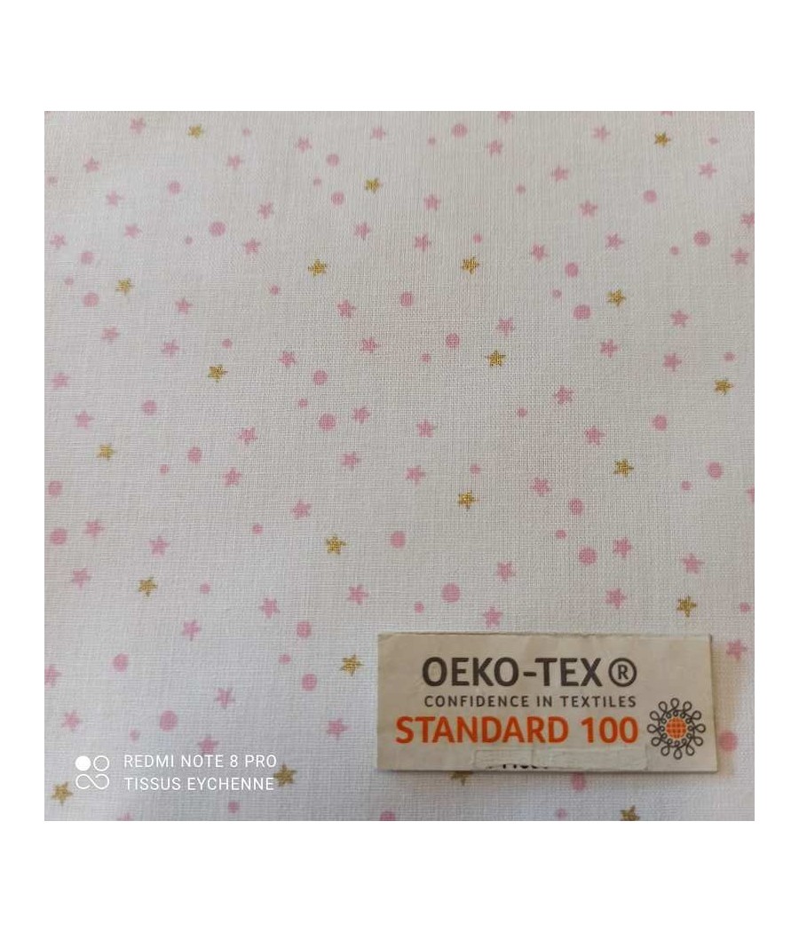 Tissu cretonne - mini étoile - coton Oekotex - blanc/rose/doré