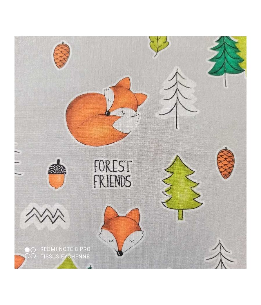 Tissu Coton - Renard Forest - Oekotex - gris clair