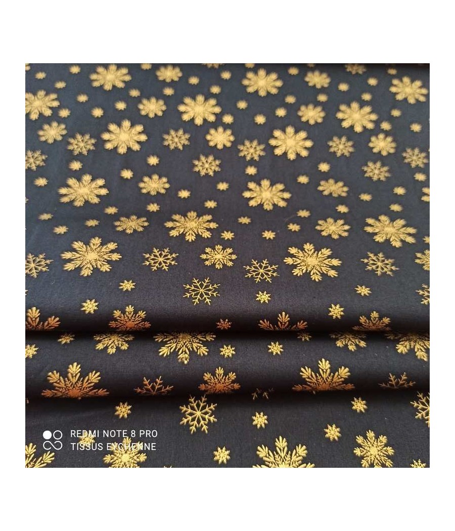 Tissu popeline de coton - Flocon de Noel - Oekotex - marine/doré