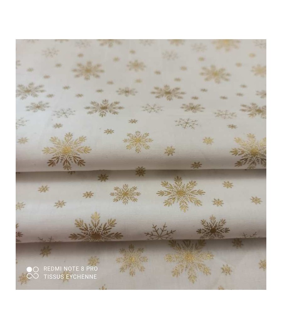 Tissu popeline de coton - Flocon de Noel - Oekotex - blanc/doré