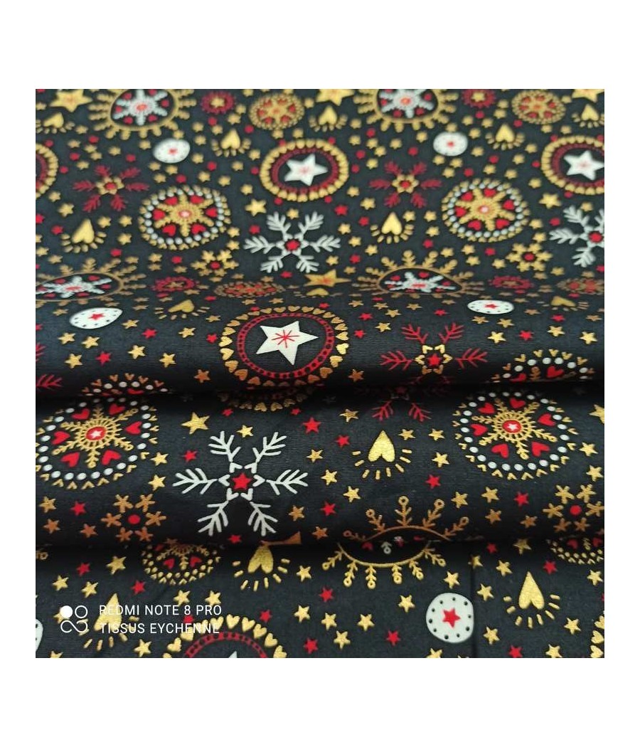 Tissu Popeline de coton - Coeur et flocon de Noel - Oekotex - noir/doré