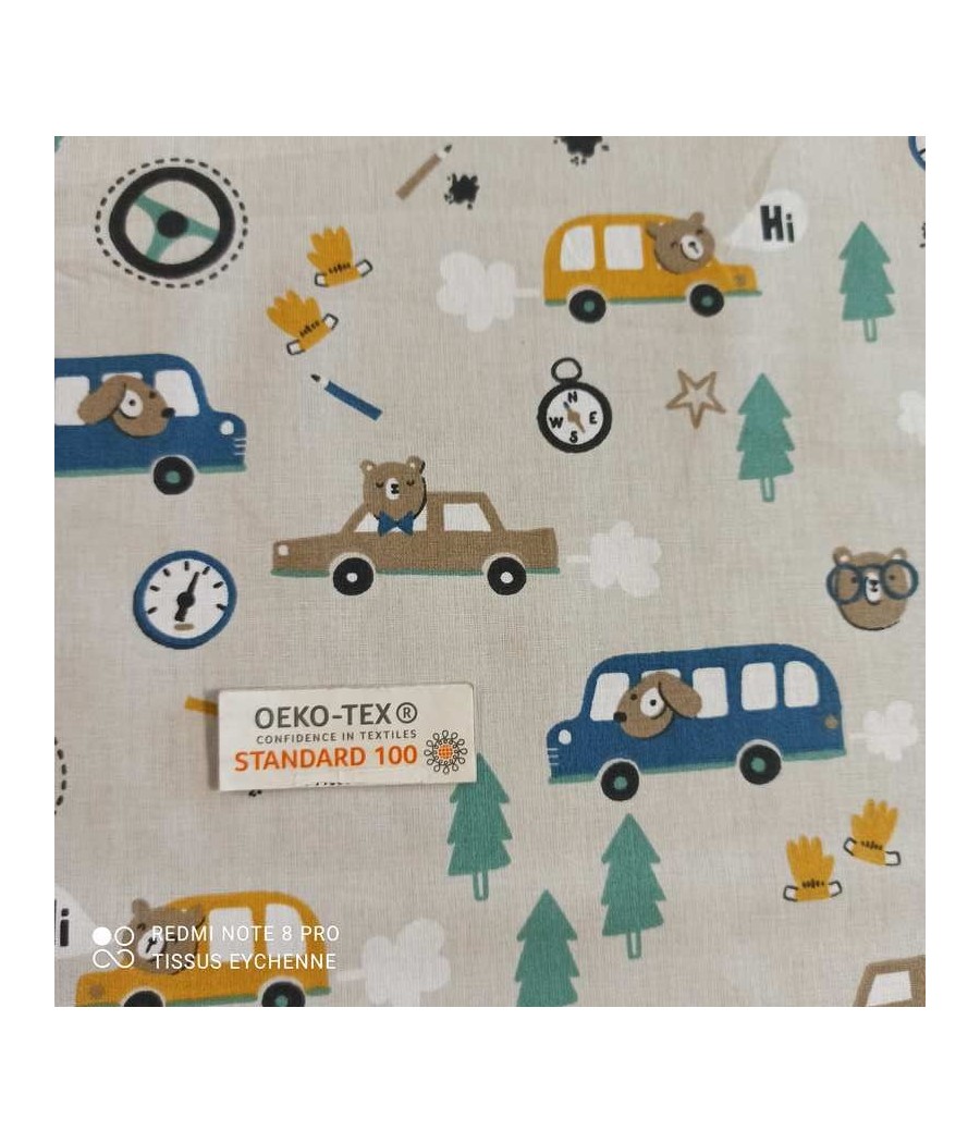 Tissu cretonne - voiture bus ourson - Oekotex - grége moutarde