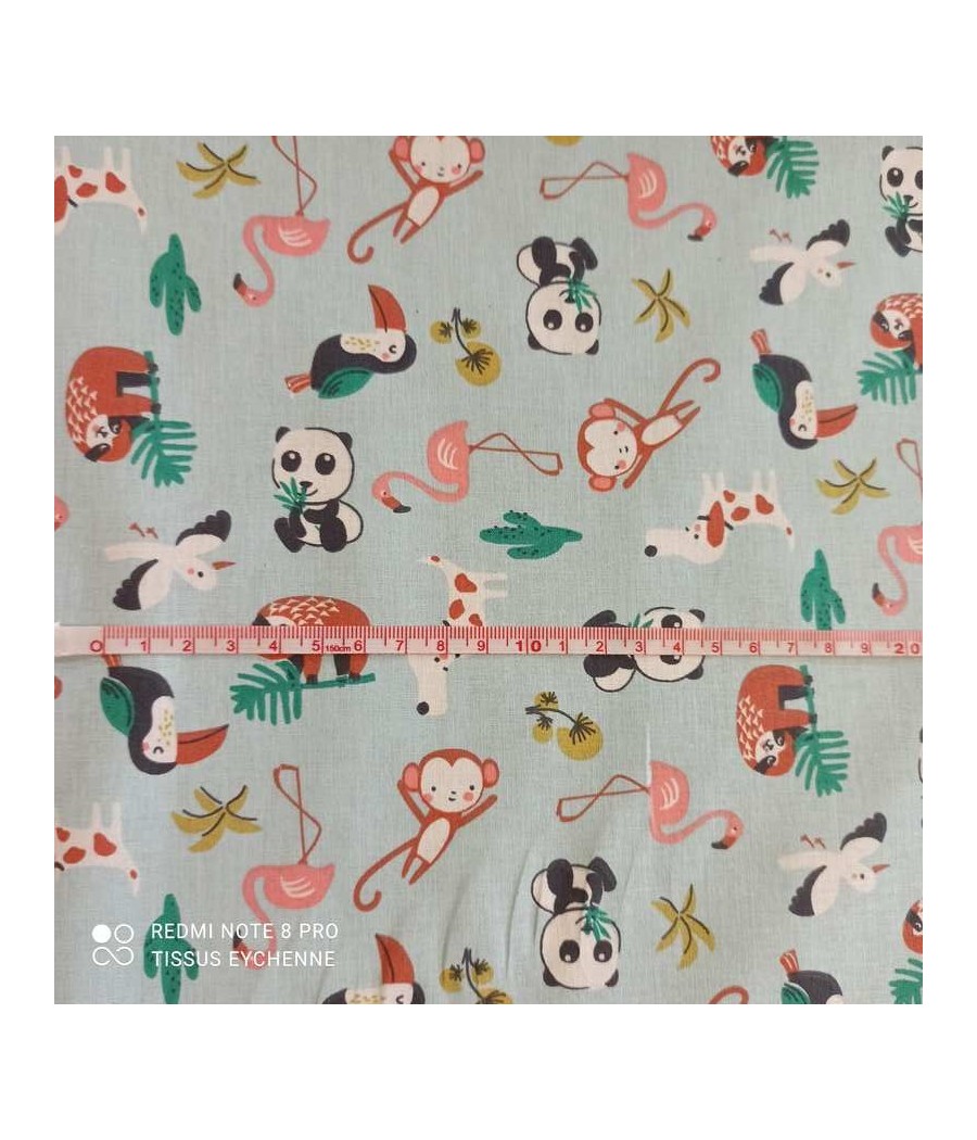Tissu coton - panda et flamand - bleu