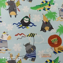 Tissu cretonne - Hippo/CerfVolant Lion/Surf - Oekotex - Bleu