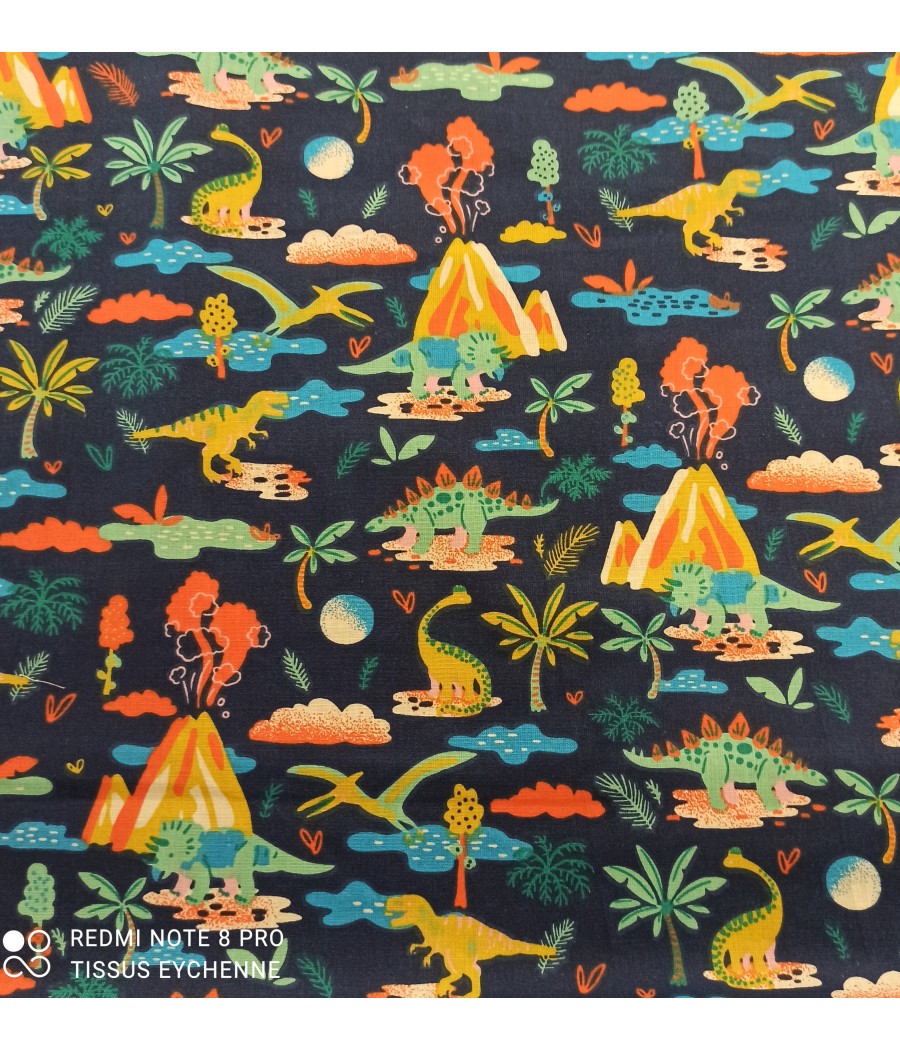 Tissu coton Jurassic petit dino - Oekotex - marine